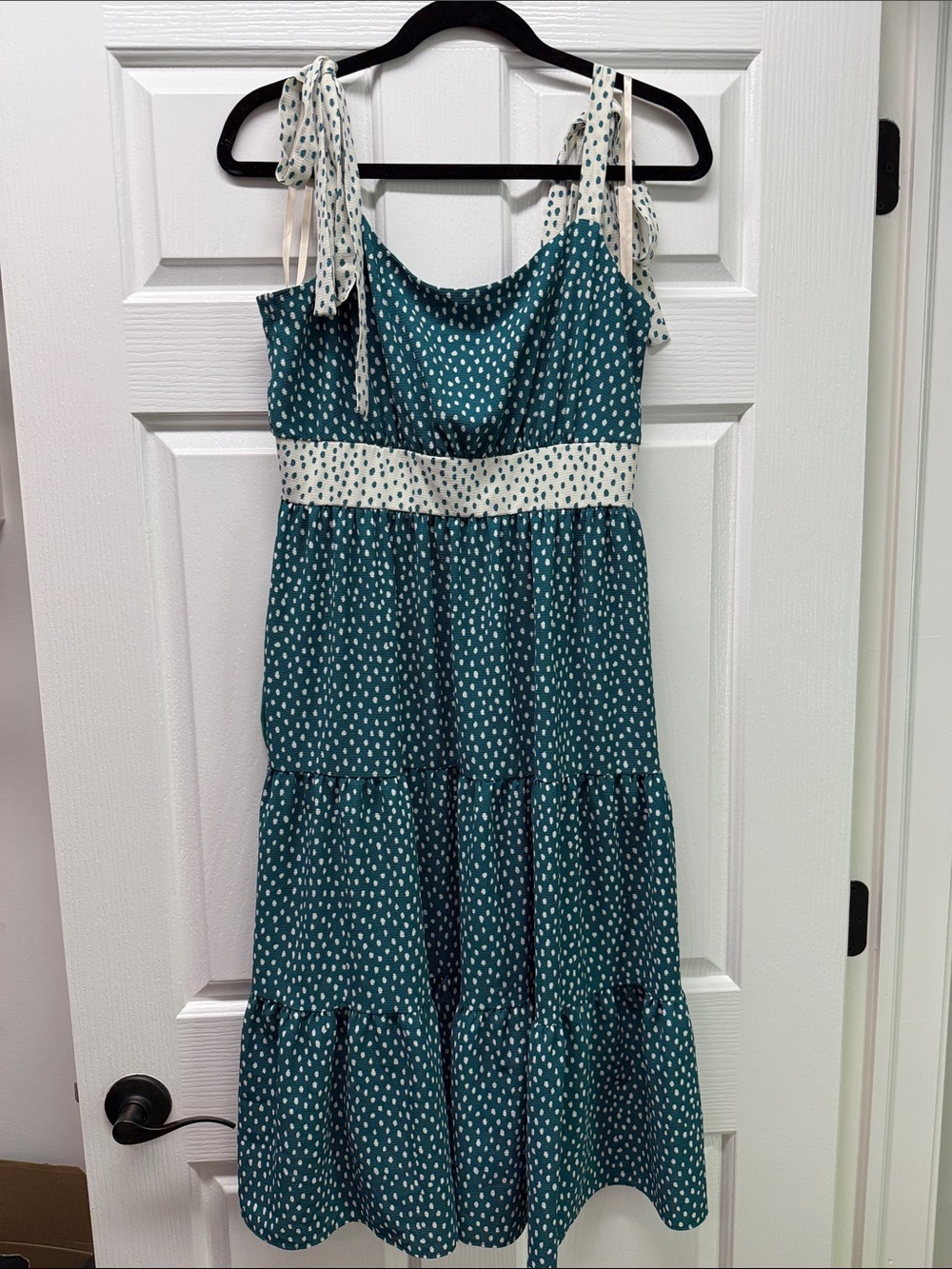 BCBGeneration Teal Polka Dot Tie-Shoulder Midi Dress
